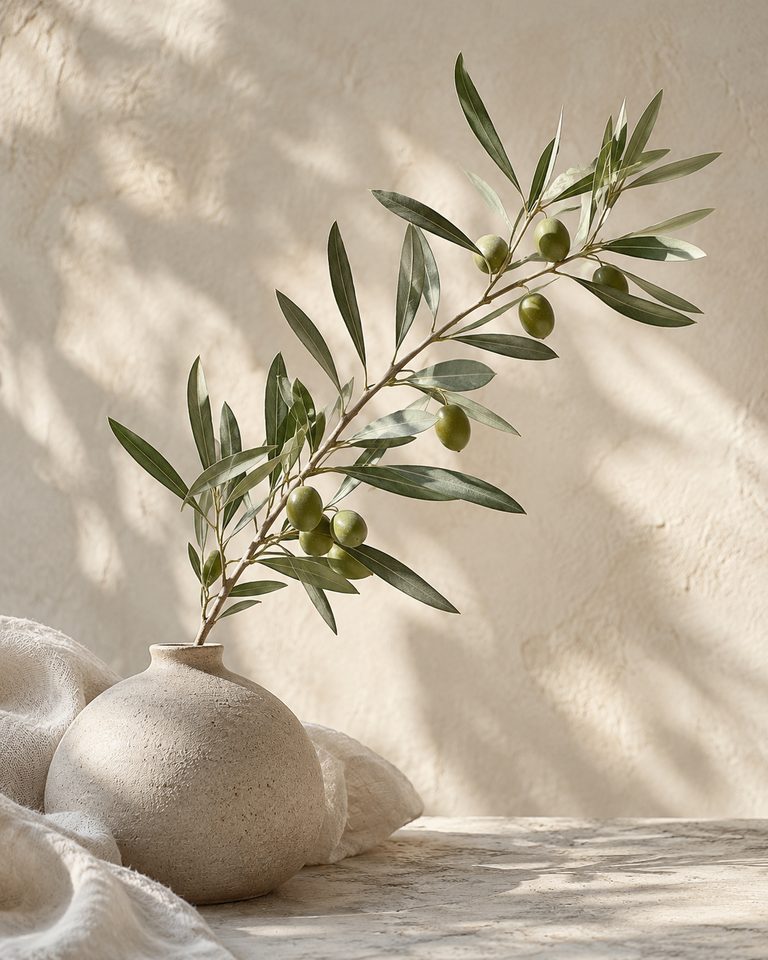 Illustrative olive branch in soft natural light